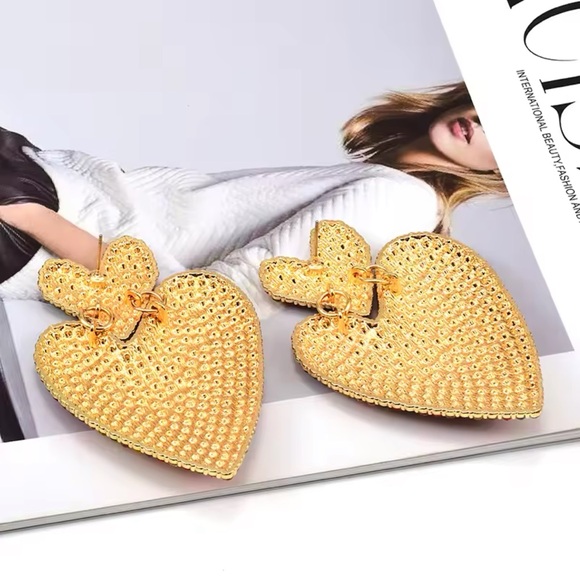 Statement Heart Earrings | Gold-Tone Rhinestone Drop Dangles - Picture 6 of 10